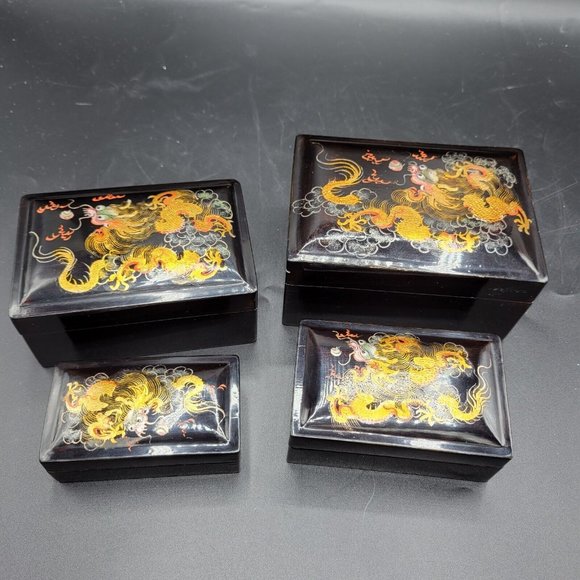 Vintage Black Lacquerware Handpainted Dragon Nesting Boxes Group Of 4 Rare - Picture 3 of 12